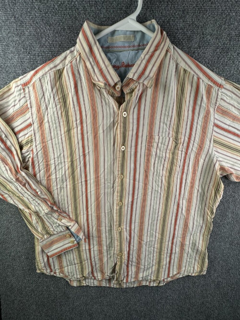 Tommy Bahama All Silk Button Up Shirt Long Sleeve Men Orange Striped XL Adult